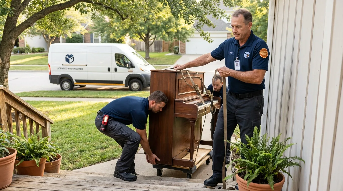 Licensed piano movers securing grand piano in Robinson, IL