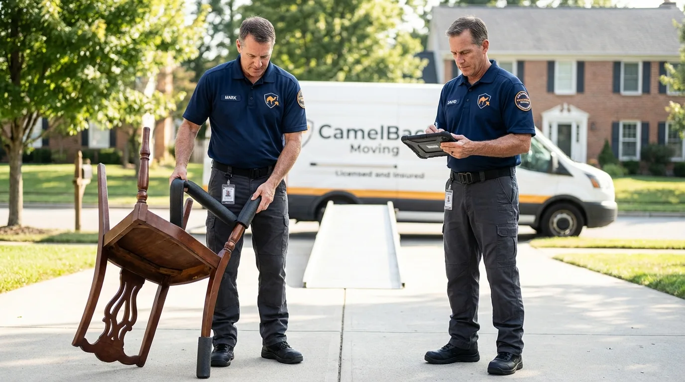 Movers inspecting furniture for damage prevention before loading in Robinson, IL